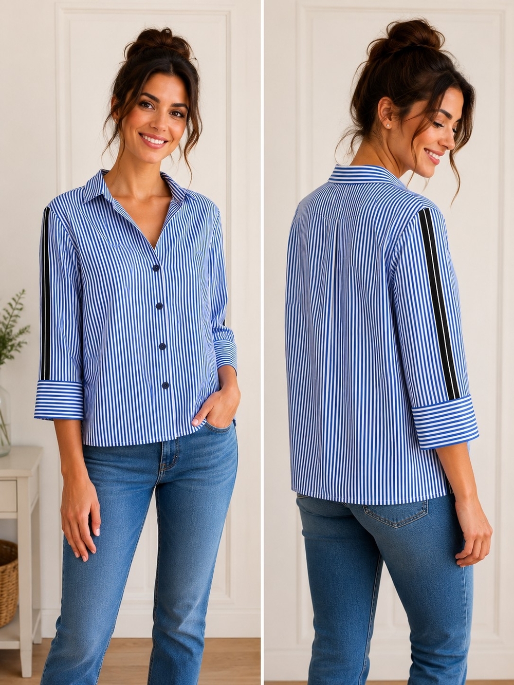 Blue and White Striped Button-Down with Black Sleeve Stripe Bershka Size S